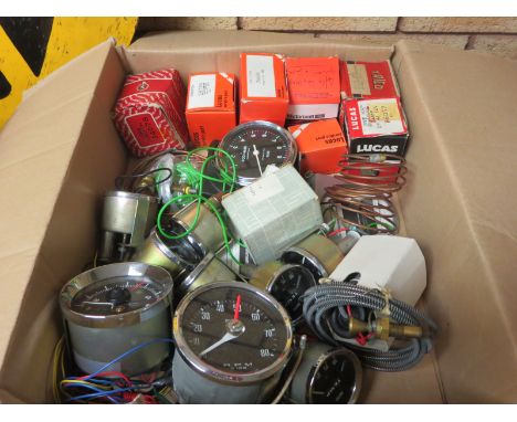 Three boxes of motor related Tools and Instruments, Lucas parts, dials, inspection lamp etc
