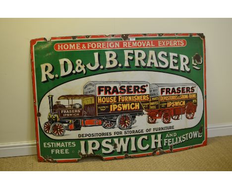 A large enamel Sign, Frasers House Furnishings showing steam powered removal vehicle, 40 x 59in