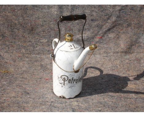 An unusual honeycomb pattern enamelled 2 litre engine priming tap filling Kettle of c1896 with decorative Petroleum graphics 