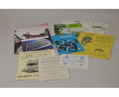 A mixture of motorcycle related material including a BSA Dandy leaflet plus an Egli-Vincent spec sheet, Triumph brochure from