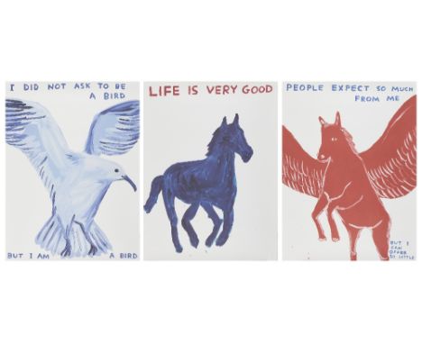 David Shrigley OBE, British b. 1968- Life is very good, 2016; People expect so much, 2021; I did not ask to be a bird, 2021; 