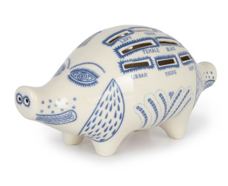 Grayson Perry CBE RA, British b. 1960- Piggy bank, in white ceramic with blue glazing, with rubber stopper underneath, with G