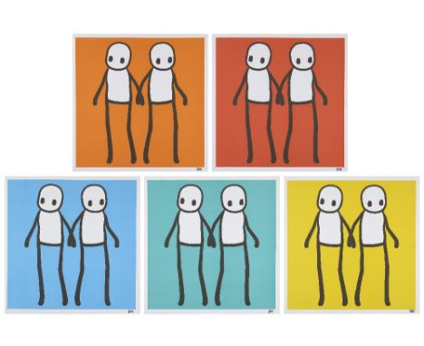 Stik, British b. 1979- Holding Hands (Red, Orange, Yellow, Blue and Teal), 2020; offset lithograph on wove, each signed in in