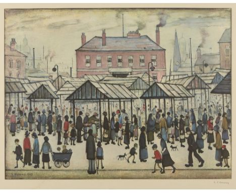 Laurence Stephen Lowry RBA RA, British 1887-1976, Market Scene in a Northern Town, 1939; offset lithograph on wove, signed in