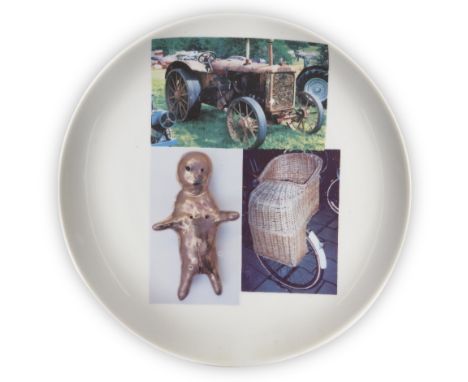 Grayson Perry CBE RA, British b.1960- Untitled (Plate); Untitled (Pendant); printed porcelain plate, together with a white me