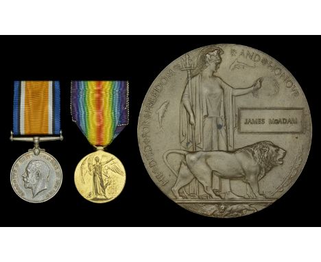 Pair: Private J. McAdam, 11th (Lonsdale) Battalion, Border Regiment, who was killed in action on the Western Front on the fir