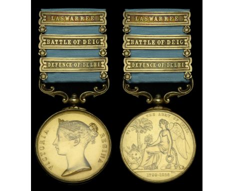 Specimen Medal: Army of India 1799-1826, 3 clasps, Laswarree, Battle of Deig, Defence of Delhi, a silver-gilt specimen contai