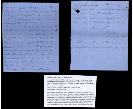 An Indian Mutiny Autographed Letter from Field Marshal Sir John Michel. Autographed Letter dated Dinora, 22 September [1858],