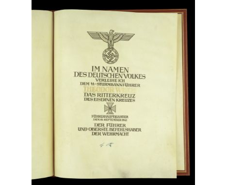 A German Second War Knight’s Cross of the Iron Cross Presentation Citation and Folder awarded to the last Commander of the Le