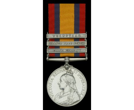 Queen’s South Africa 1899-1902, 3 clasps, Cape Colony, Orange Free State, Transvaal (4901 Pte. F. Burrington. Nthptn: Regt.) 