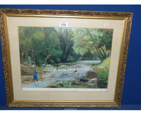 A framed and mounted  Tom Care Print Ltd edition no. 105/300 titled "The Hawkstone Otter hounds". signed in pencil, 23 1/2" x