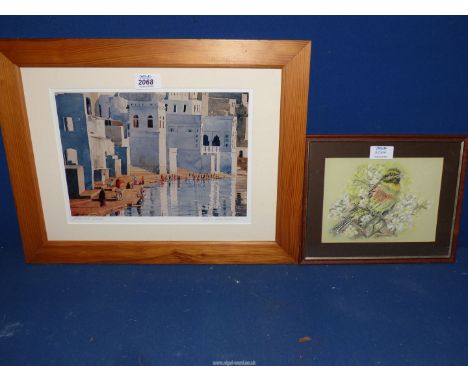 A Print of the Sacred Lake with figures and surrounding buildings, 2001, signed M. Sokal, plus a signed pastel on paper of a 