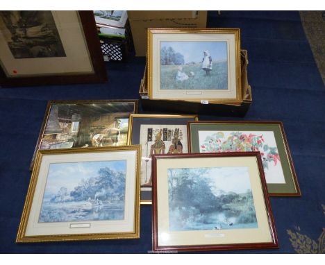 A quantity of Prints to include "Across The Fields" by J.M. Bromley, Buttercups and Daisies by M. Hardman, Canal Barge by Rob