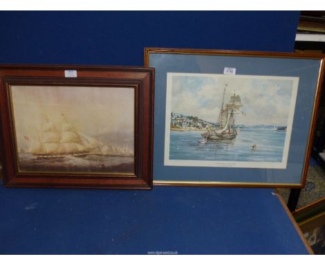 A framed and mounted print by artist John Sutton 'Top Sail Schooner on Salcombe Bay' plus another maritime print.