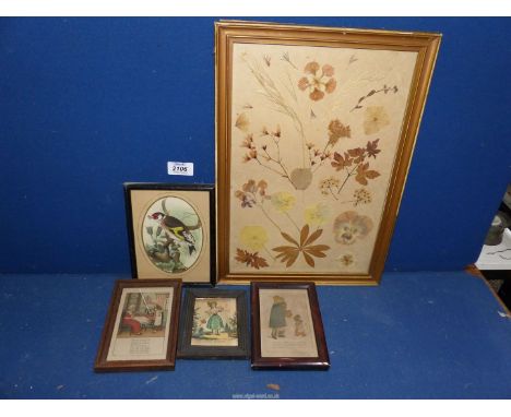 A framed picture from flower petals, along with a print of a Goldfinch, two framed Nursery Rhymes' Polly put the Kettle on' a
