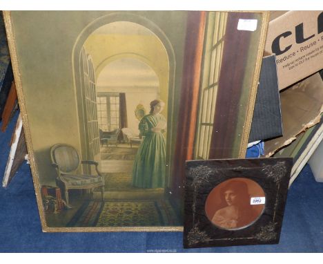 A wooden framed Print/photograph (circular aperture) of young woman, 10 1/2" square, together with a framed print of 'The Let