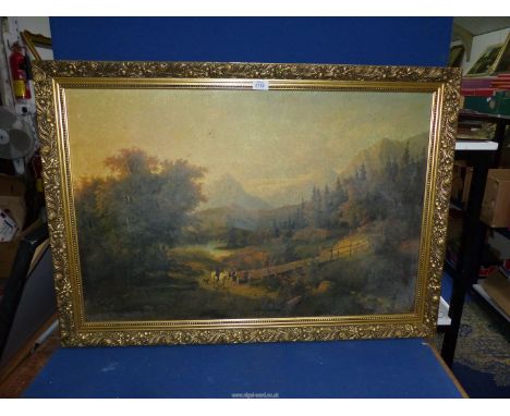 A large over varnished Print of a country scene, 40" x 28 1/2".