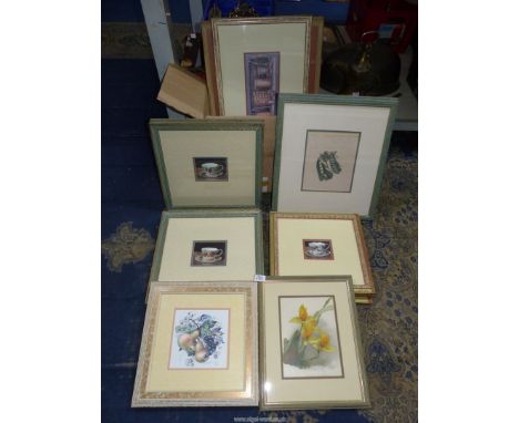 A box of framed Prints including vegetable prints, tea cup and saucers, etc.