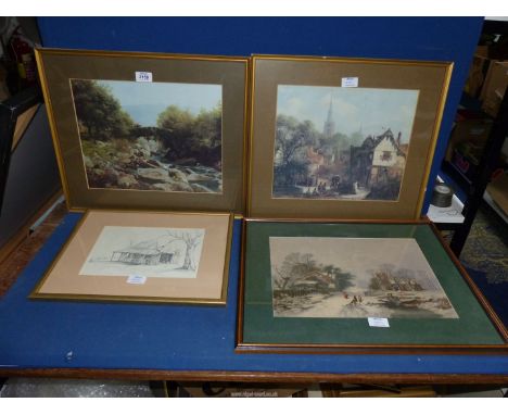 Four framed prints including a winter print by George Baker, pencil sketch print of a Cottage at Arding etc.