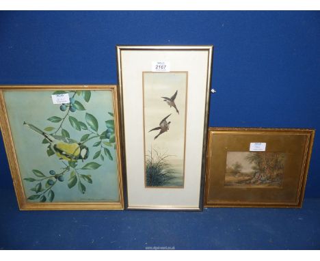 A Basil Ede print of a bird, a watercolour of two geese and a small lithograph of a family sitting on a tree trunk.