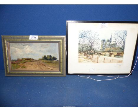 A small framed oil on board of a rural landscape (no visible signature) plus a print of Paris.
