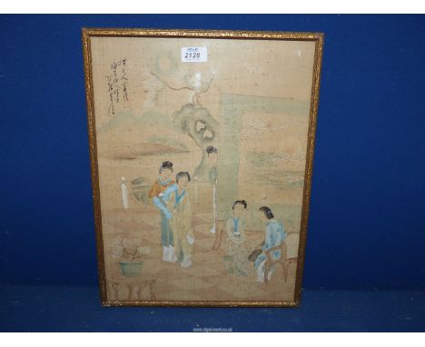 A framed Oriental watercolour on silk featuring four ladies listening to another play a musical instrument next to a large se