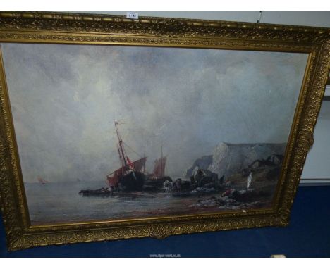 A very large framed Print on canvas of a shipwreck with white cliffs in the background, 4' 3 1/2" x 3' 1".