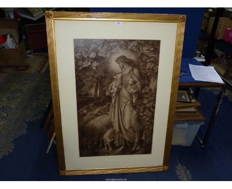 A large Victorian Arts & Crafts style frame having reeded sides and rosette corners containing a large Engraving of 'The Good