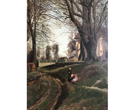 Fischer-Gurig, Adolf, 1860 Obergurig - 1918 Dresden: Geistlicher mit Kindern am Dorfanger, dat. 1886Öl auf Leinwand auf Sperr