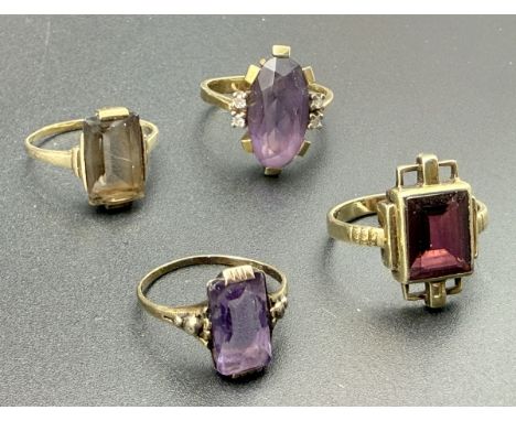 4 Amethystringe Art Deco jew 585 GG2x Amethyst, Rauchtopas und Rubelit - 16g Total