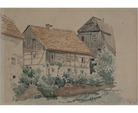 Friedrich, Caspar David (zugesch.), 1774 Greifswald - 1840 Dresden: Aquarell Fachwerkhaus mit Heuschober, wohl 1818Aquarell u