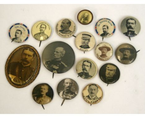 Selection of 16 Boer War Patriotic / Commemorative Pin Badges of personalities from the war including Baden Powell, Kitchener