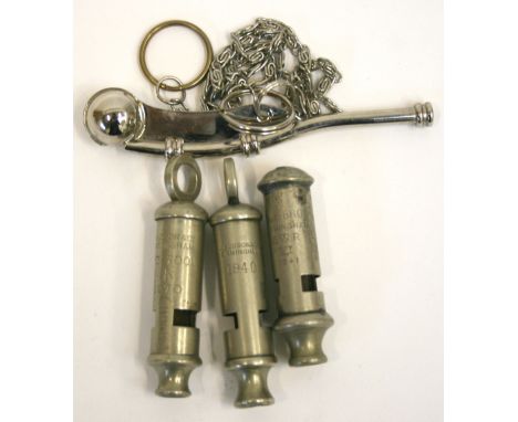 4x Military Whistles including 1940 J Hudson & Co example, Adie Bros Birmingham 1941 dated example, Naval issue Boatswain typ
