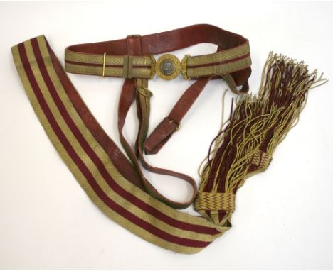 British Victorian Officers Léeve Pattern belt and sash, the belt with gold bullion wire and central maroon stripe decoration.