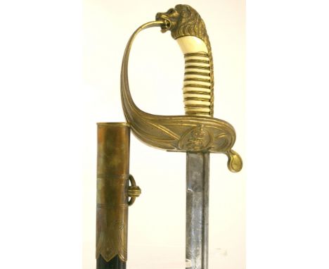 Imperial German Naval Officers Sword with gilt knuckle bow and guard, Imperial Crowned anchor to the guard. Lion head with je