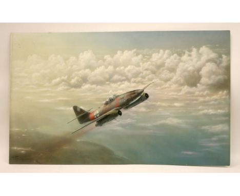 Painted Image of WW2 German Messerschmitt 262 Jet Fighter Aircraft, signed to the bottom corner Alan Booker. Shows the aircra