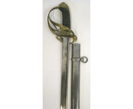 British 1822 Pattern Infantry Officers Sword being a William IV example housed in its steel scabbard. Scabbard is missing top