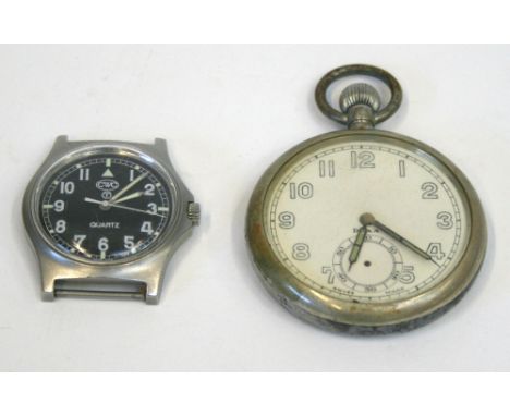 British Military Issue Wristwatch and Pocket Watch, the wristwatch is a CWC Quartz brushed stainless steel example with broad