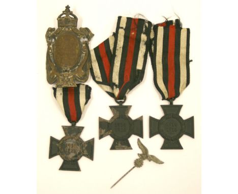 3x German War Widows Honour Cross medals complete with ribbons. Accompanied by an Imperial German flag pole plaque and a Luft