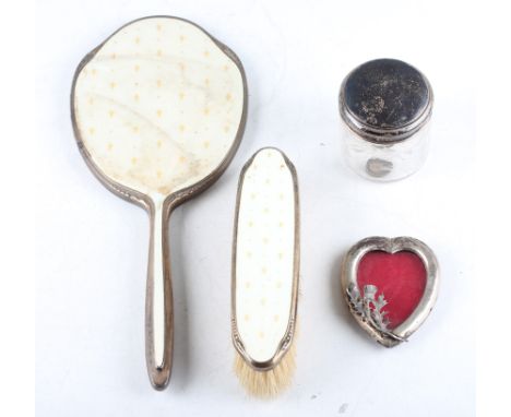 A lot to include a 1960s guilloche enamel and silver dressing table mirror and brush, both having cream guilloche enamel to b
