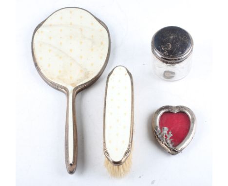 A lot to include a 1960s guilloche enamel and silver dressing table mirror and brush, both having cream guilloche enamel to b