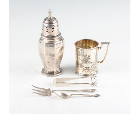 A collection of items, to include a silver sugar caster, hallmarked Birmingham 1933, an Oriental design christening cup, a pa