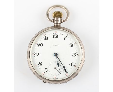 A silver Arcadia crown wind open face pocket watch, the white enamel dial having hourly Arabic numeral markers with minute tr