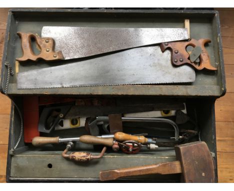 A black wooden carpenters tool box with tools&nbsp;