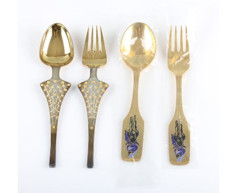 A lot to include two Danish silver gilt and enamel fork and spoon sets by A. Michelsen, one depicting a mother with child on 