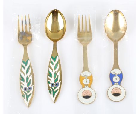 A lot to include two Danish silver gilt and enamel fork and spoon sets by A. Michelsen, one depicting Inuit figures, reverse 