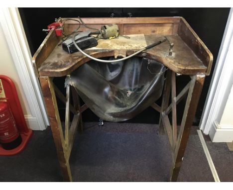 A pine jewellers work bench together with a foot operated position drill, a double headed polisher and a quantity of wooden h