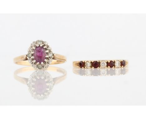 A lot to include a ruby and diamond half eternity ring, alternately set with four round cut rubies and three round brilliant 