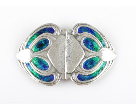 An Archibald Knox for Liberty &amp; Co. silver and enamel belt buckle, the lobed design featuring blue to green enamel sectio