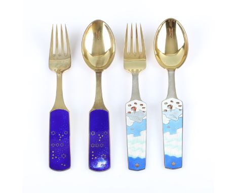 A lot to include two Danish silver gilt and enamel fork and spoon sets by A. Michelsen, one set depicting village and sky des